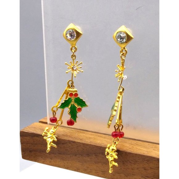 Fun Christams Shoulder Duster Earrings, Gold Tone Crystals Drop to Whimsical - Picture 3 of 4